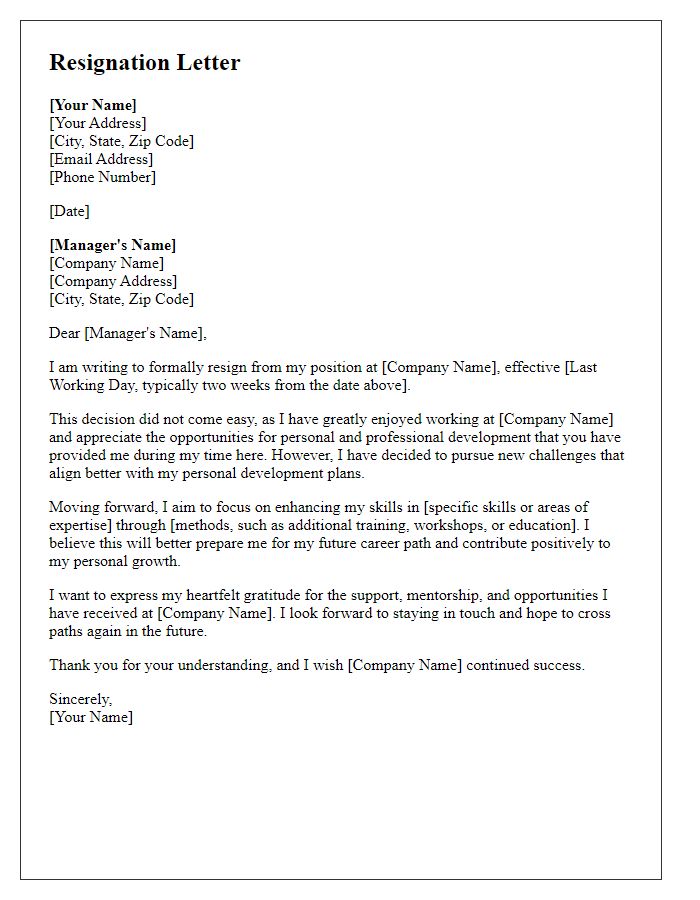 Letter template of resignation detailing personal development plans