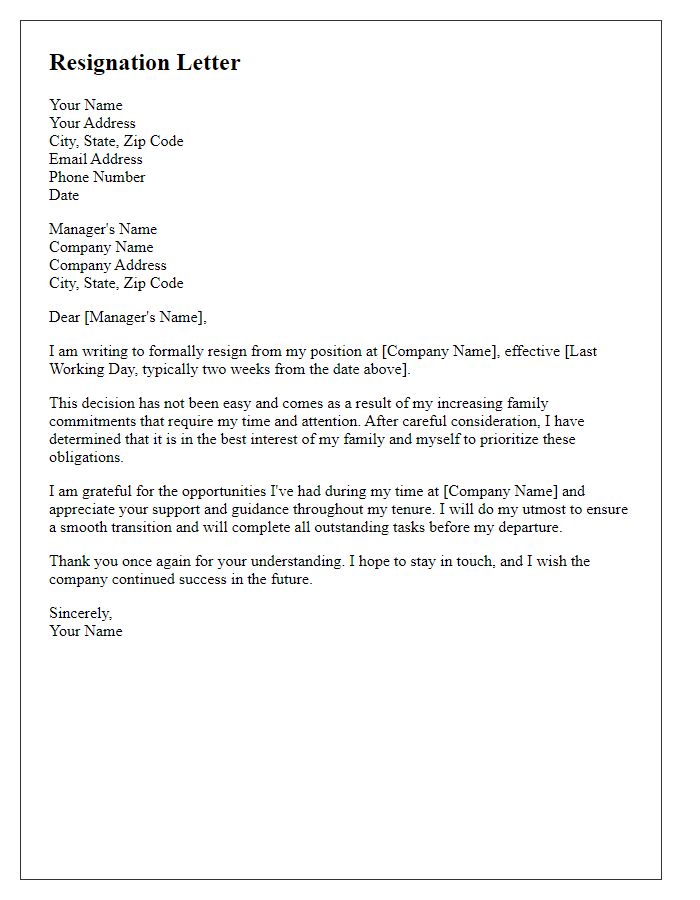 Letter template of resignation discussing family commitments