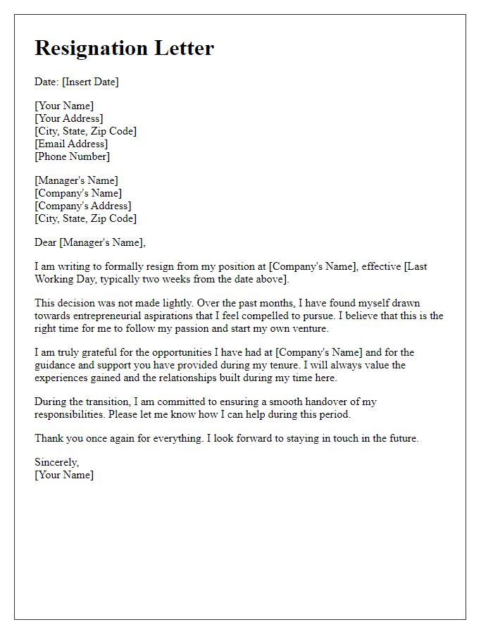 Letter template of resignation explaining entrepreneurial aspirations