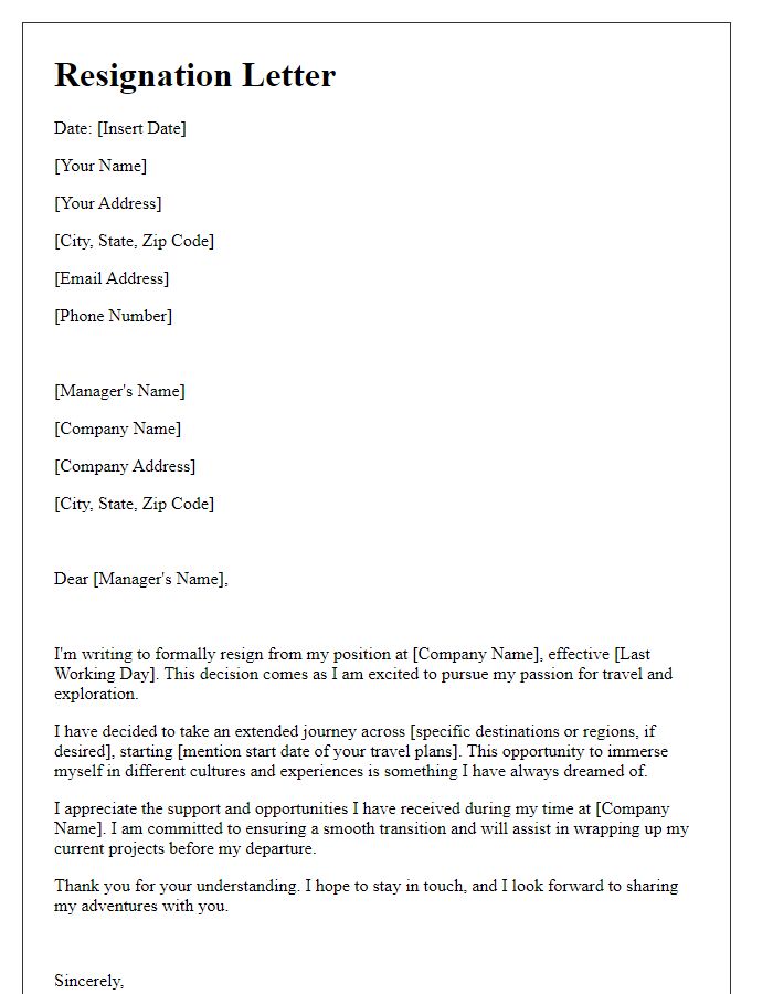 Letter template of resignation specifying travel and exploration plans