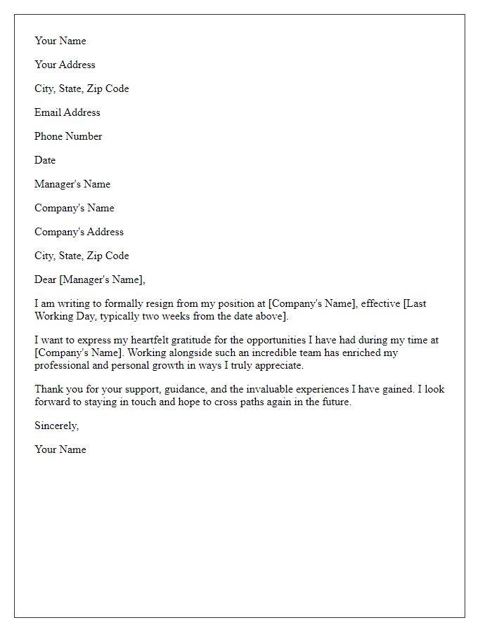 Letter template of resignation expressing gratitude for experiences gained.