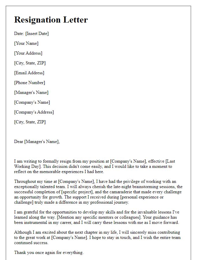 Letter template of resignation reflecting on memorable experiences.