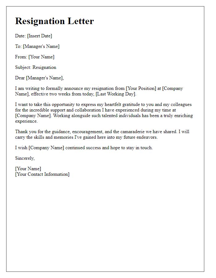 Letter template of resignation thanking colleagues for collaboration.