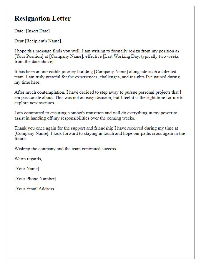 Letter template of resignation for a startup founder leaving to pursue personal projects.