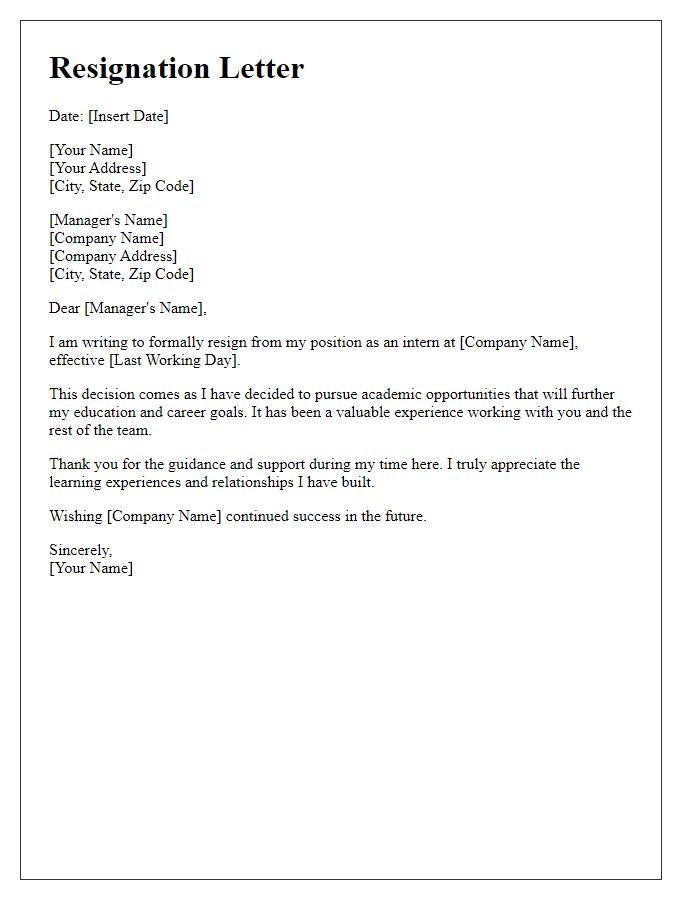 Letter template of resignation for a startup intern moving on to academic pursuits.