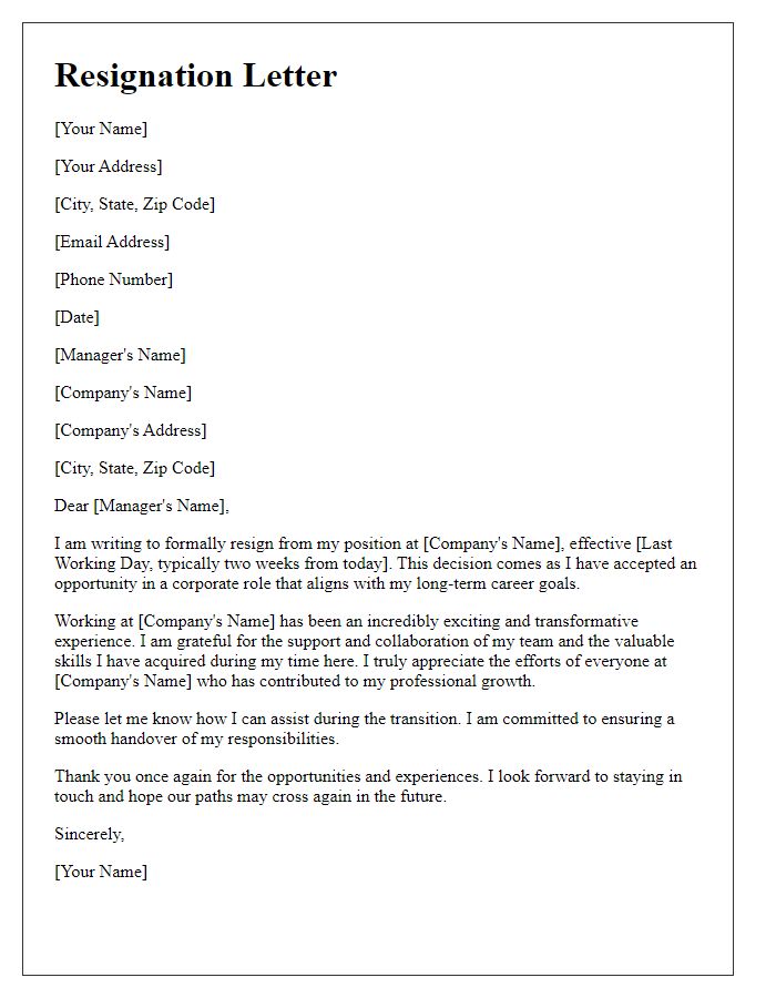 Letter template of resignation for a startup team member transitioning to a corporate role.