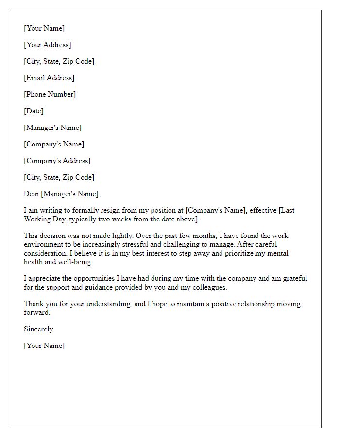 Letter template of resignation due to high-stress work environment