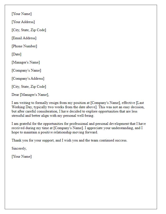 Letter template of resignation to explore less stressful opportunities