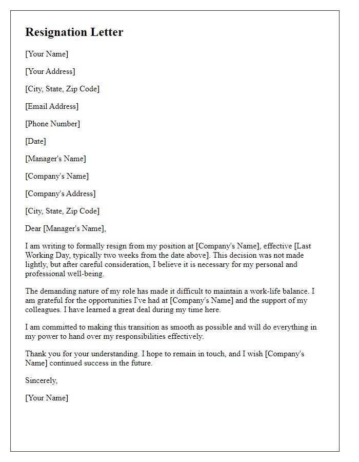 Letter template of resignation from a demanding position