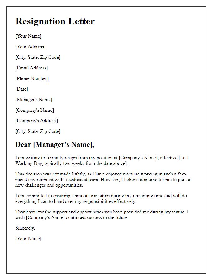 Letter template of resignation from a fast-paced job