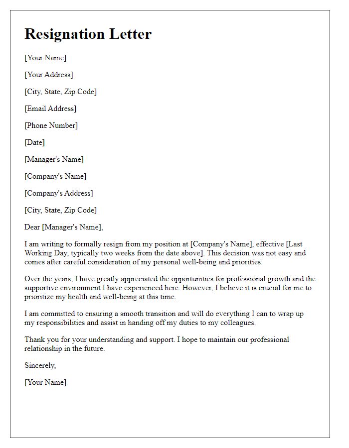 Letter template of resignation to prioritize personal well-being