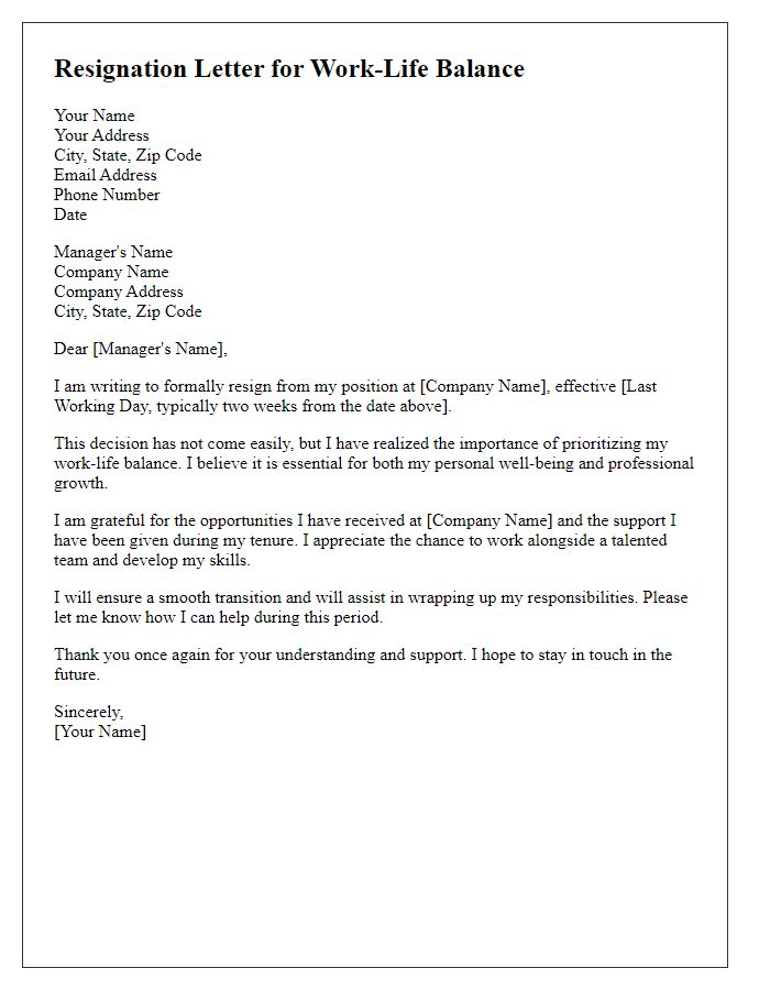 Letter template of resignation for work-life balance