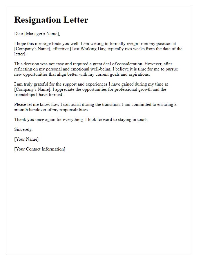 Letter template of resignation to improve emotional well-being