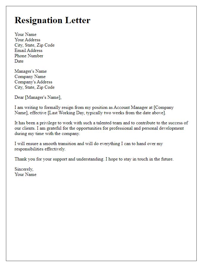 Letter template of resignation from account management position