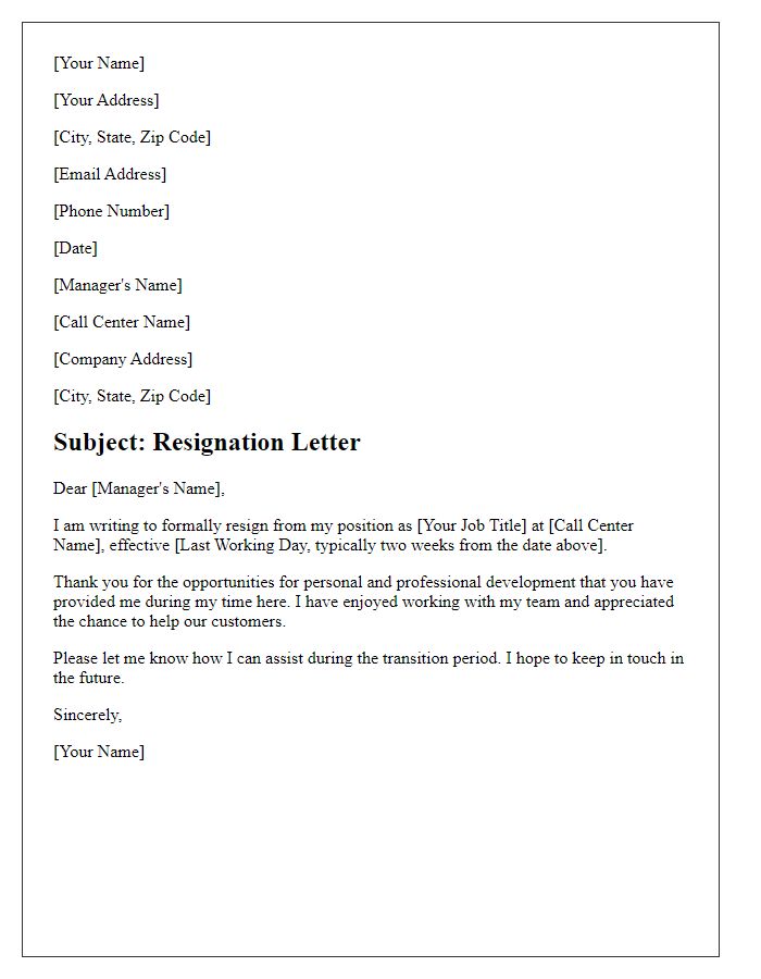 Letter template of resignation from call center role