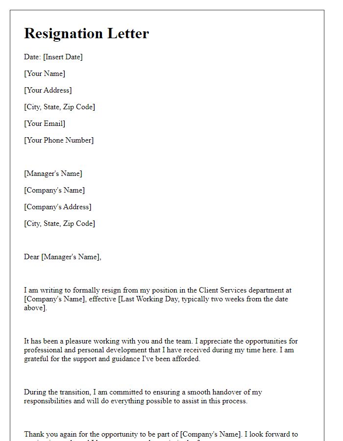 Letter template of resignation from client services function