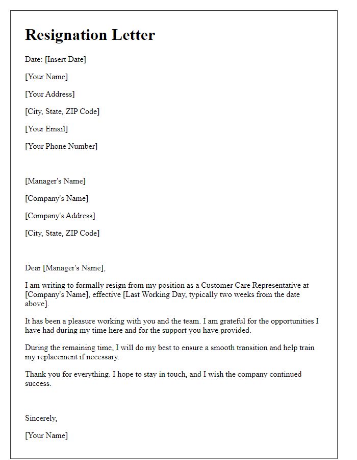 Letter template of resignation from customer care job