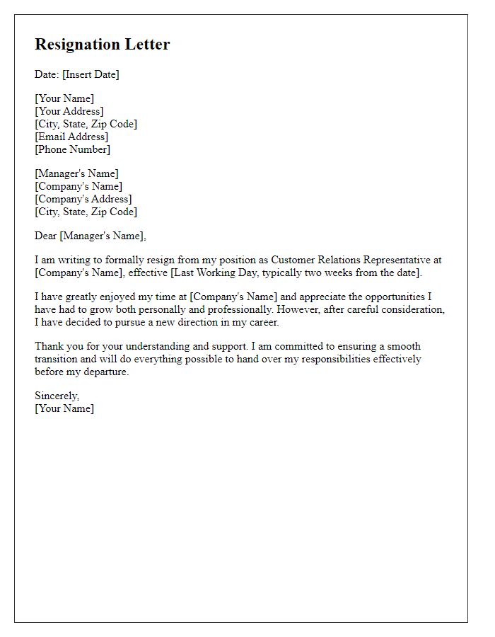 Letter template of resignation from customer relations job