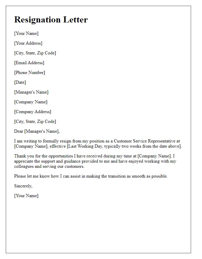 Letter template of resignation from customer service position