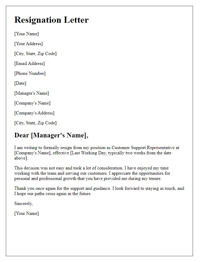 Letter template of resignation from customer support role