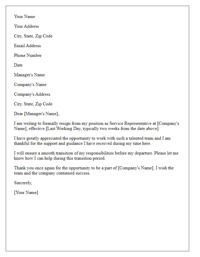 Letter template of resignation from service representative position