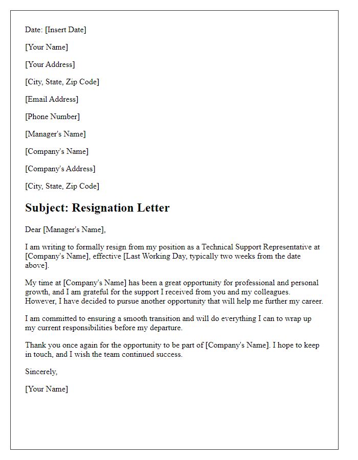 Letter template of resignation from technical support role