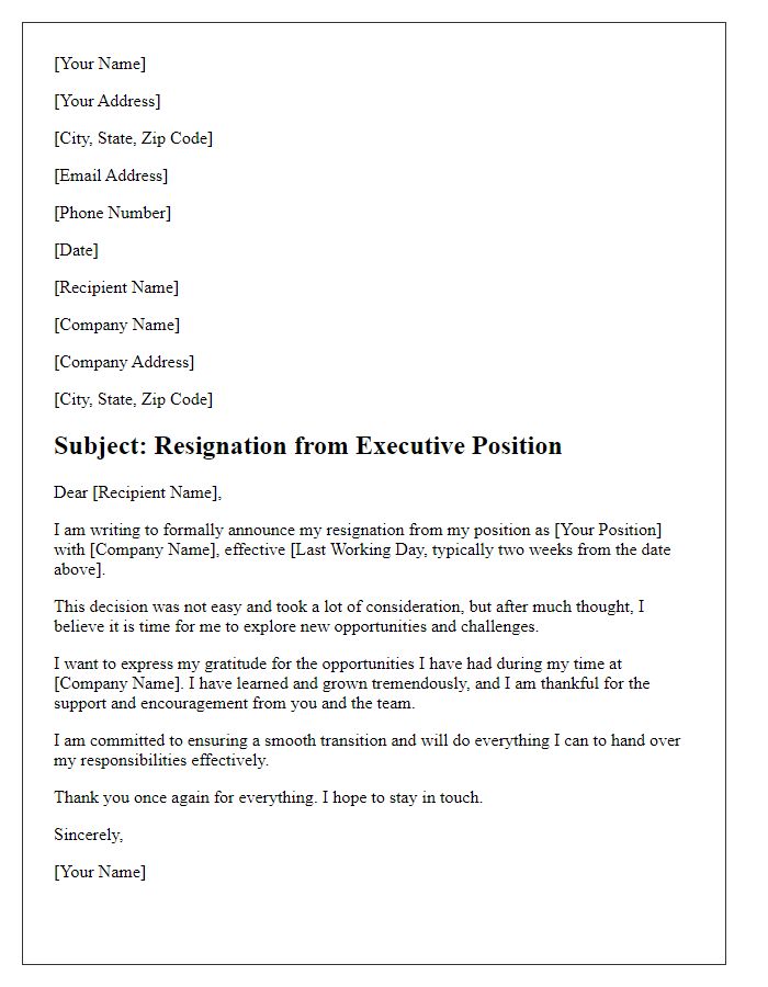 Letter template of resignation from an executive position