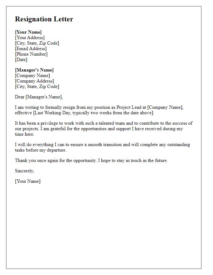 Letter template of resignation from a project lead