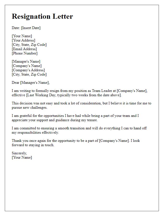 Letter template of resignation from a team leader position