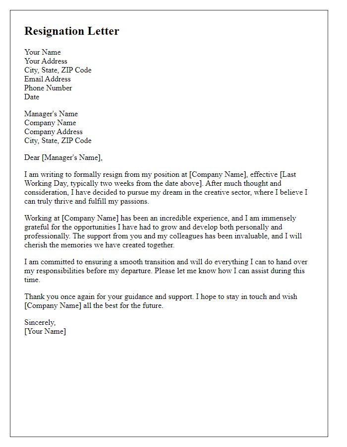 Letter template of resignation to chase a dream in the creative sector.