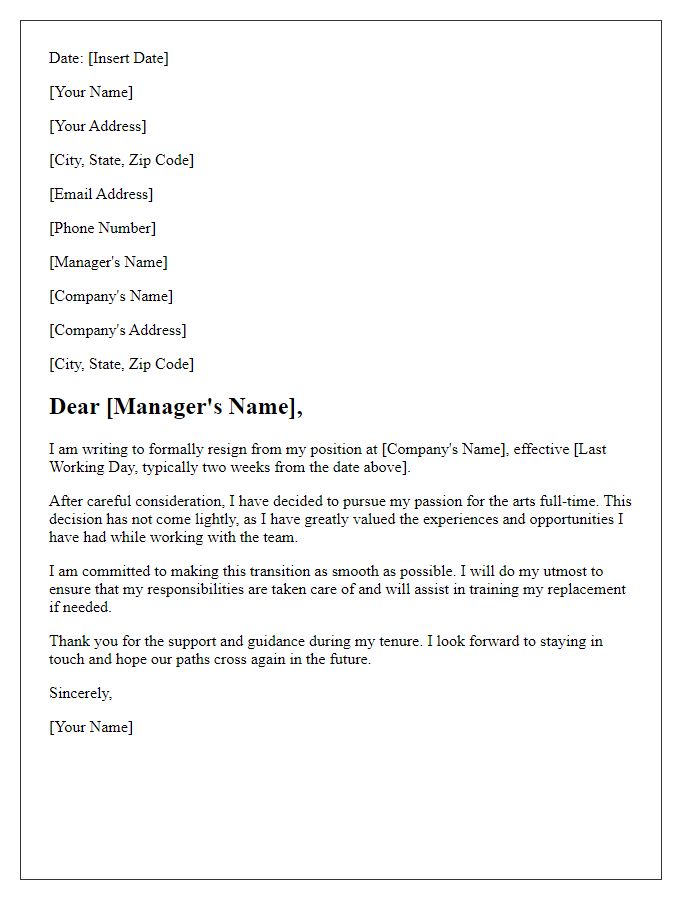 Letter template of resignation to engage fully in the artistic profession.