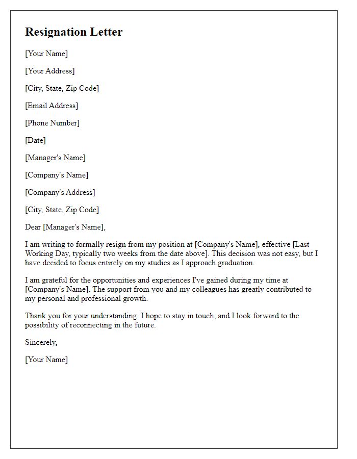 Letter template of resignation before graduation to focus on studies.