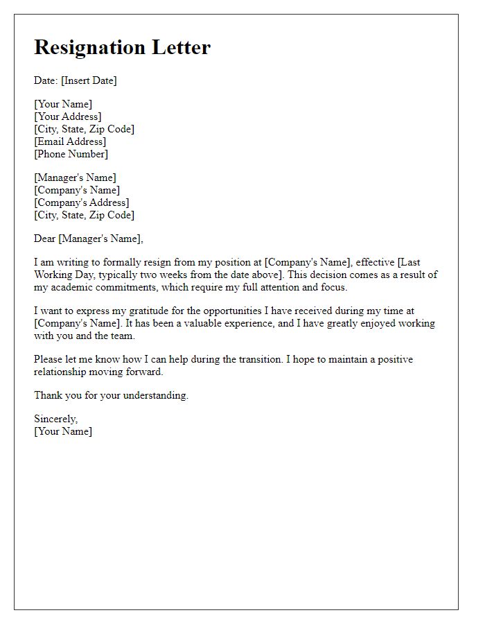 Letter template of resignation due to academic commitments.