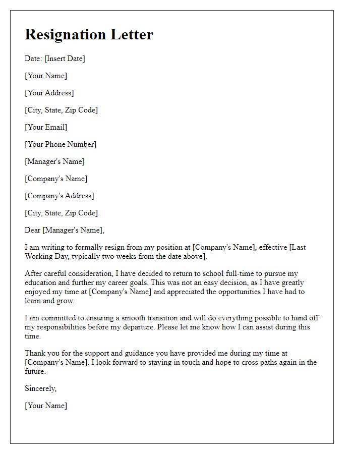 Letter template of resignation for employees returning to school full-time.