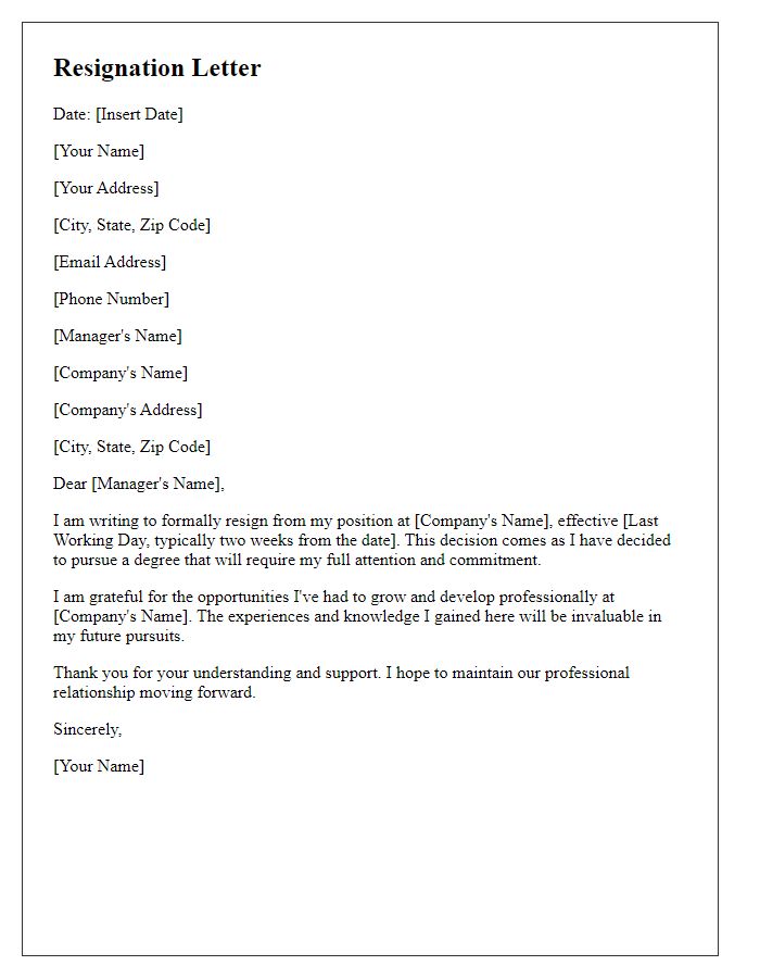 Letter template of resignation for leaving a job while pursuing a degree.