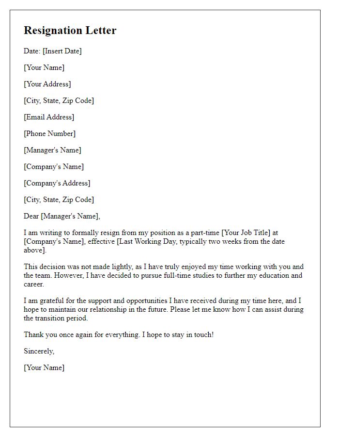 Letter template of resignation for part-time employees seeking full-time study.