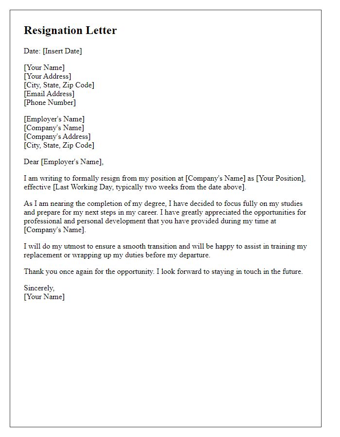 Letter template of resignation for students finishing a degree.