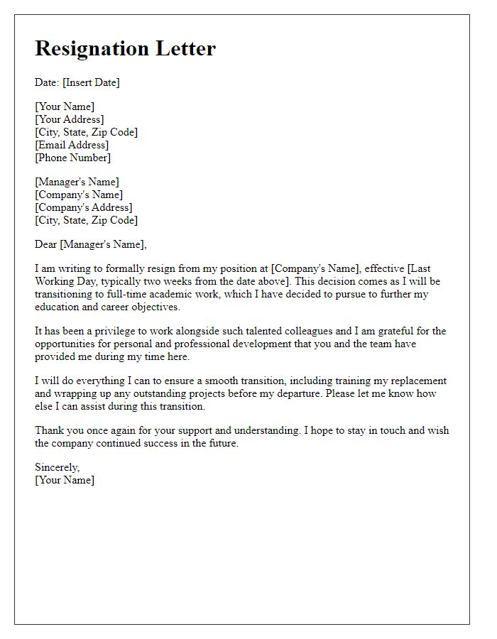 Letter template of resignation while transitioning to full-time academic work.