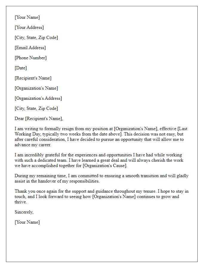 Letter template of resignation from nonprofit organization for career advancement