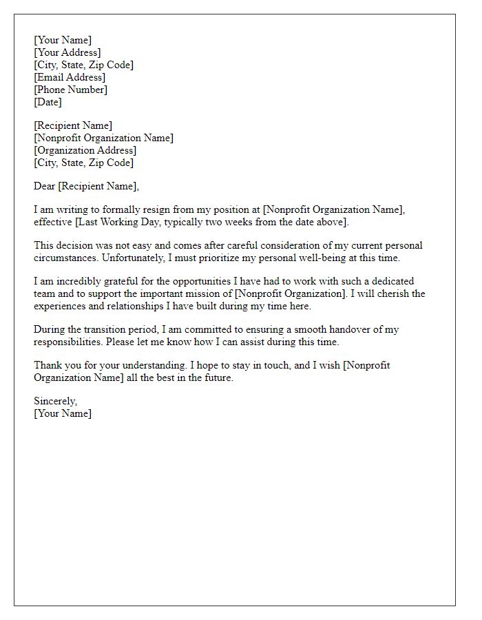 Letter template of resignation from nonprofit organization due to personal reasons