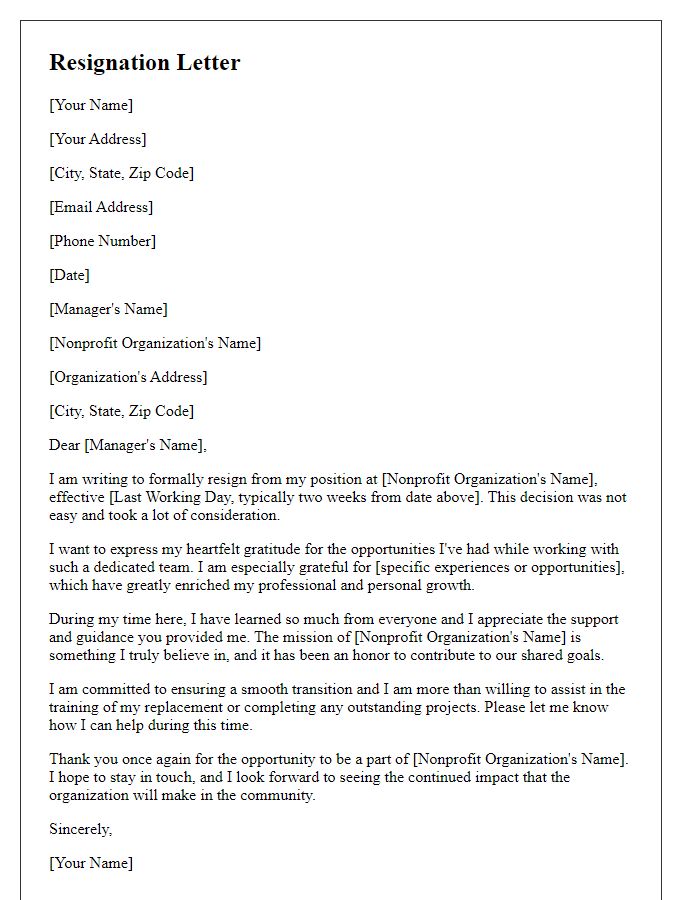 Letter template of resignation from nonprofit organization expressing gratitude