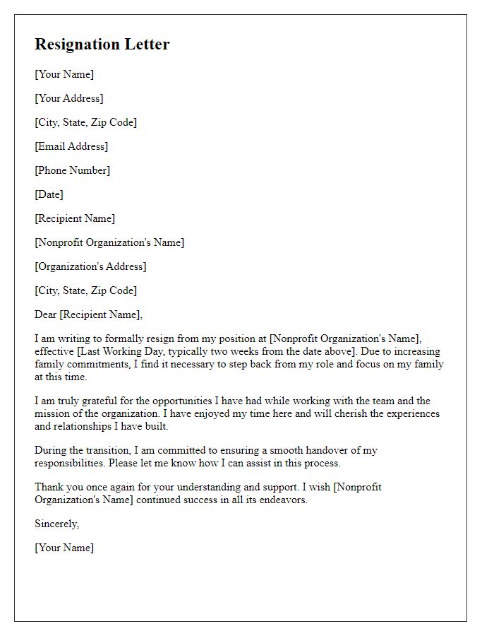 Letter template of resignation from nonprofit organization for family commitments