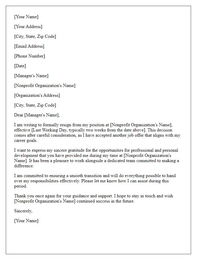 Letter template of resignation from nonprofit organization following a job offer