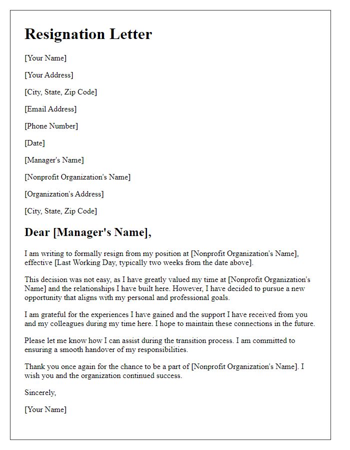 Letter template of resignation from nonprofit organization for new opportunities