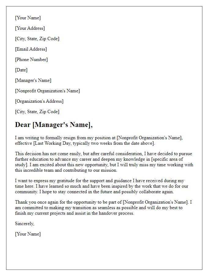 Letter template of resignation from nonprofit organization to pursue further education