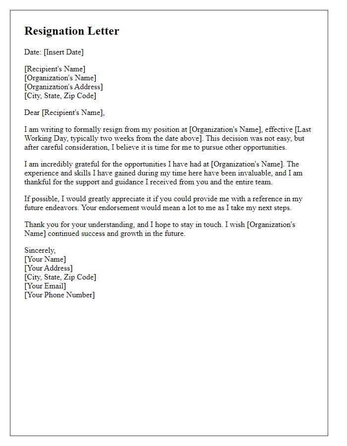 Letter template of resignation from nonprofit organization with a request for a reference