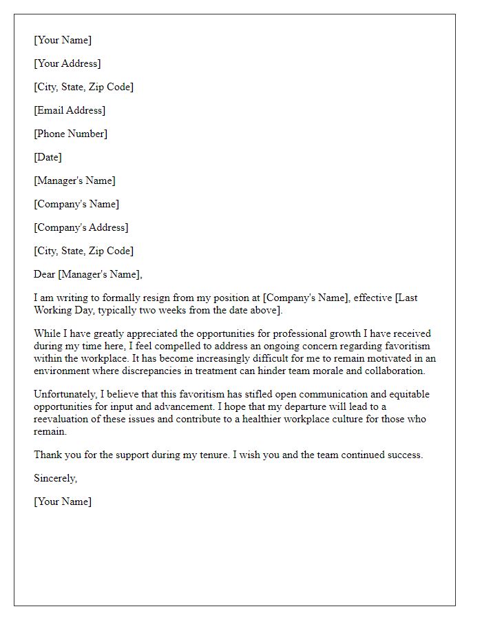 Letter template of resignation addressing favoritism in the workplace