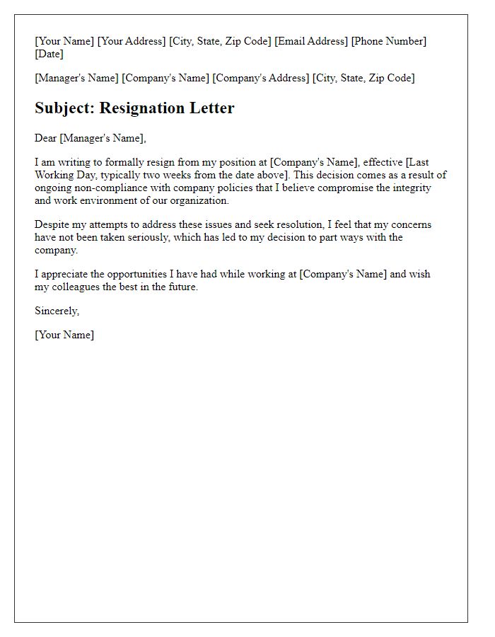 Letter template of resignation prompted by non-compliance with company policies