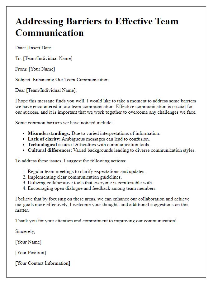 Letter template of addressing barriers to effective team communication.