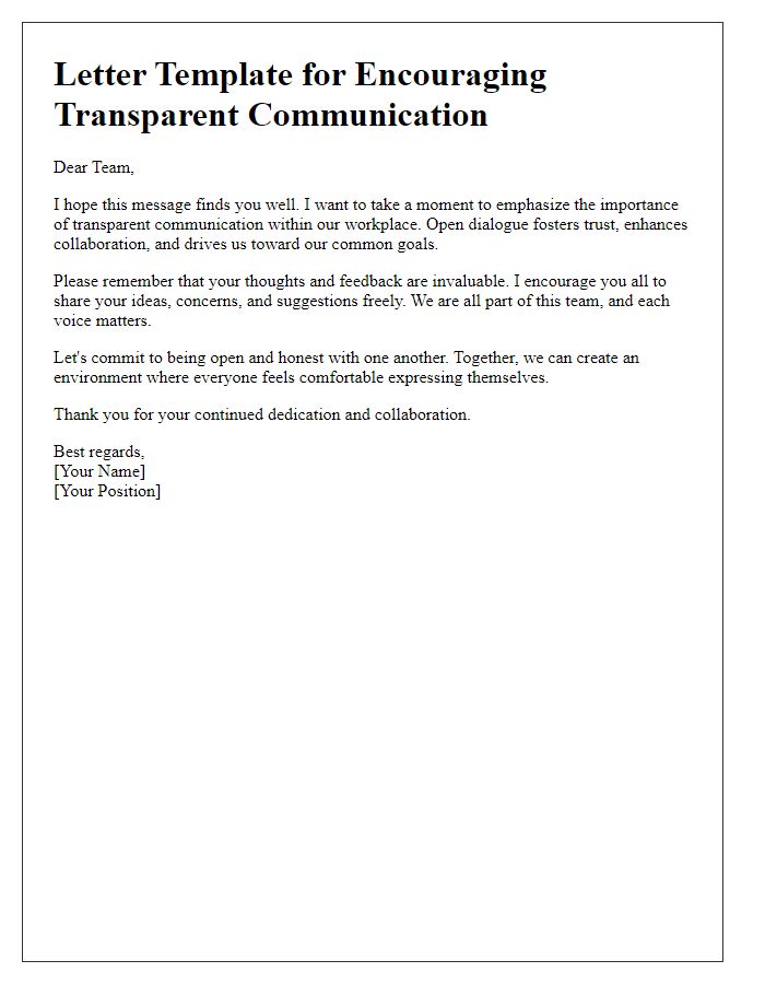 Letter template of encouraging transparent communication in the workplace.